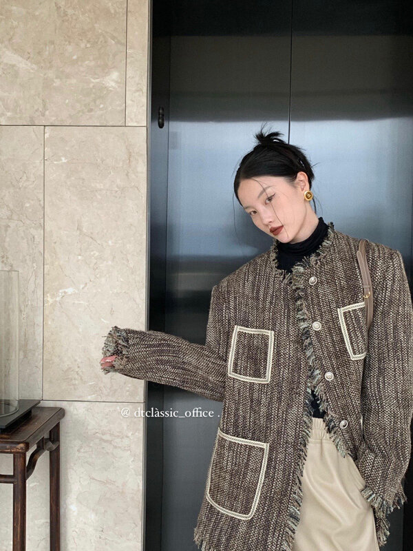 【DT CLASSIC】Retro Contrast Color Ribbon Tassel Wide Shoulder Small Fragrance Short Jacket D5087# JHY