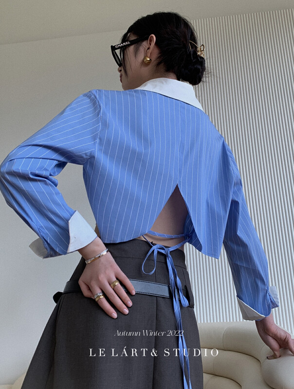 【LE LART】French designer style short backless striped shirt shirt LL3215