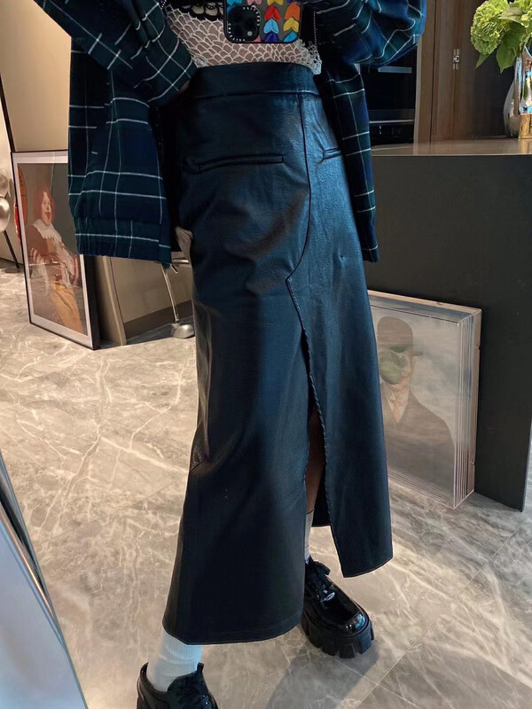 [YT] Solid color a-line high-waisted split leather skirt BQ5652# PCZ