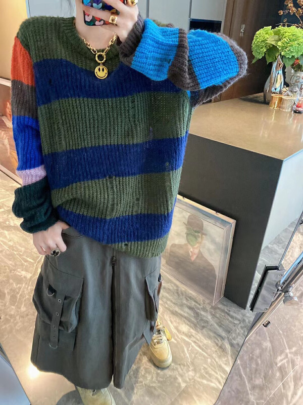 【YT】Colorful Striped Hole Pullover Warm Sweater Z60273# PCZ