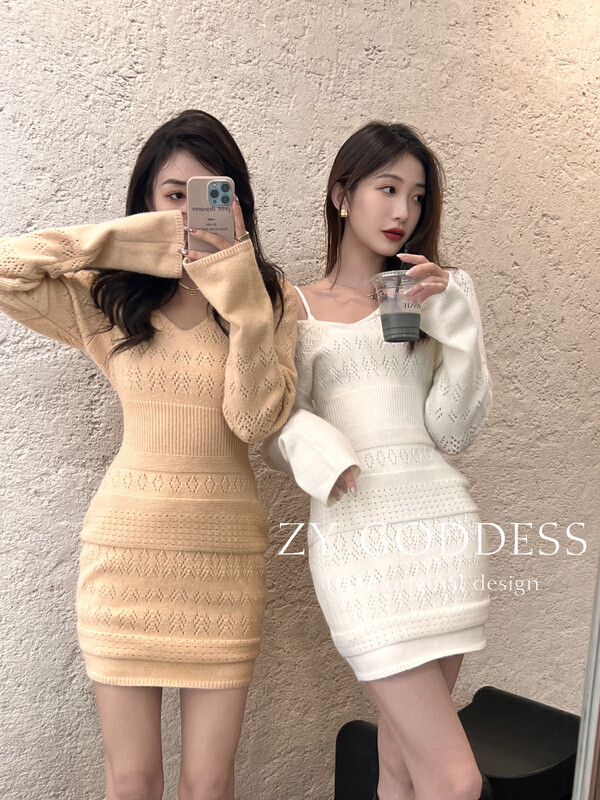 【ZY】French style sexy hot girl hollow knitted two-piece waist sweater dress (with heating fabric suspender skirt) S92
