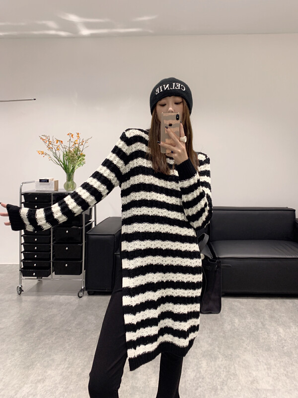 【VANESSA】Striped side slit mid-length warm sweater 8050# OZQ