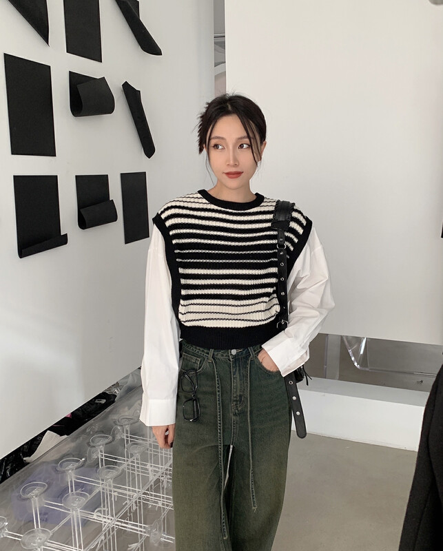 [MRA] Japanese simple striped stitching fake two-piece sweater L1201
