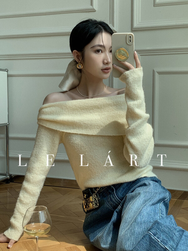 【LE LART】French pure lust-style one-word neck off-the-shoulder loose sweater warm sweater XZ339# JHY