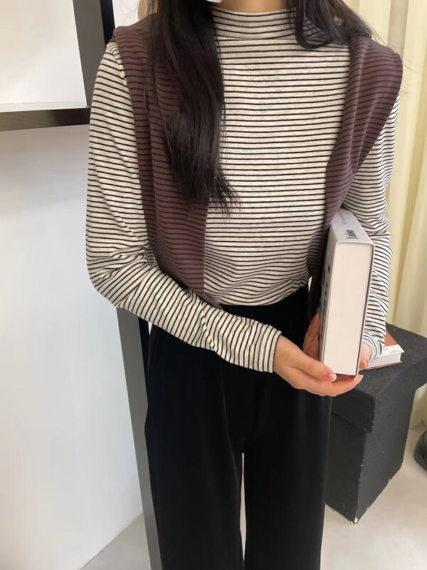 [Blue Show] Double-sided cashmere striped half turtleneck bottoming shirt 08816# LSW
