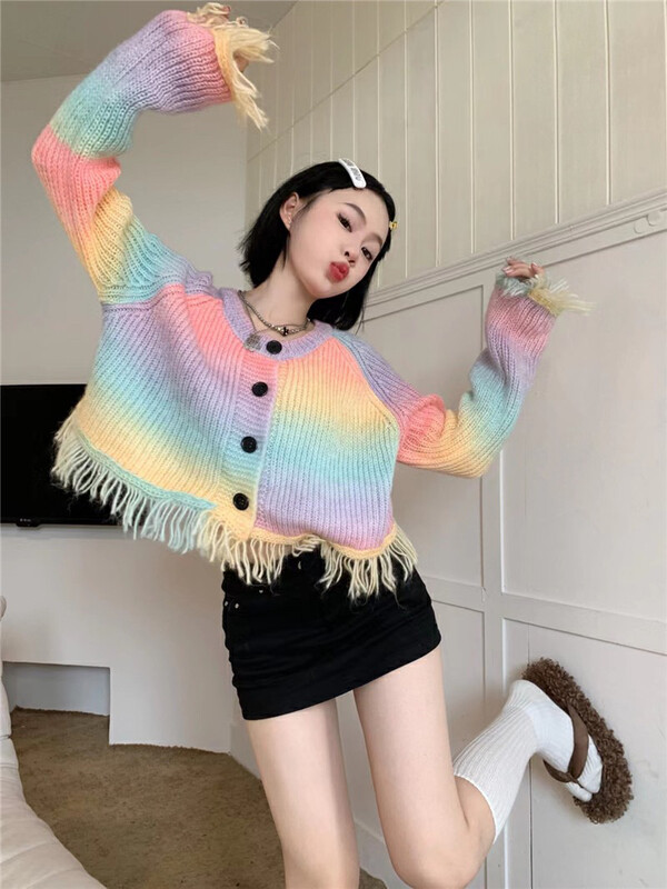 【F·P】Design tassel gradient color lazy cardigan warm sweater LD024FP# HBX