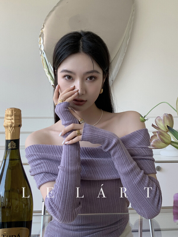 【LE LART】One-word neck off-the-shoulder sleeves detachable knitted sweater (including wool slim fit) YS1-TH052# JHY
