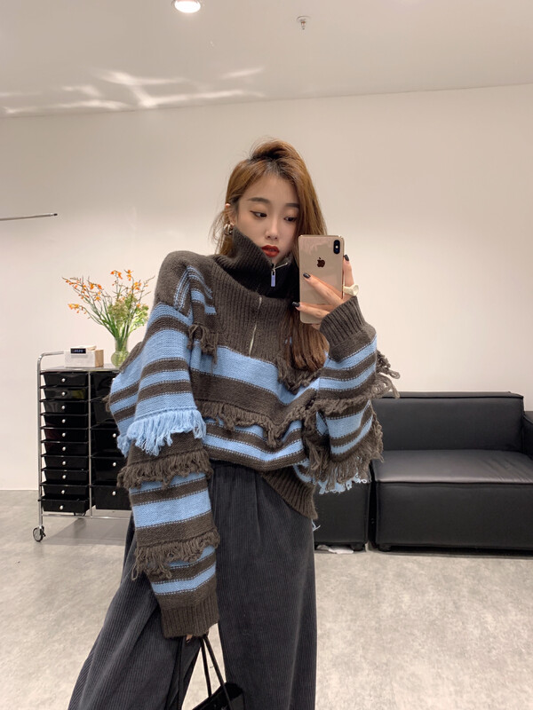 【VANESSA】Striped zipper versatile warm sweater 8060# OZQ