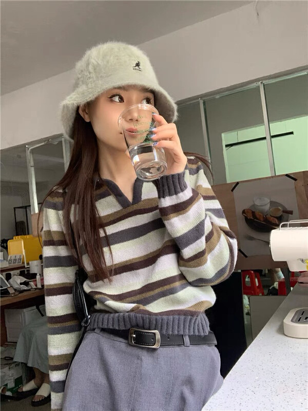 New in autumn! [Blue Show] Retro striped polo loose sweater 7742# LSW