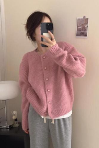 Lazy style Korean loose sweater jacket  autumn and winter new temperament silhouette solid color thickened knitted cardigan