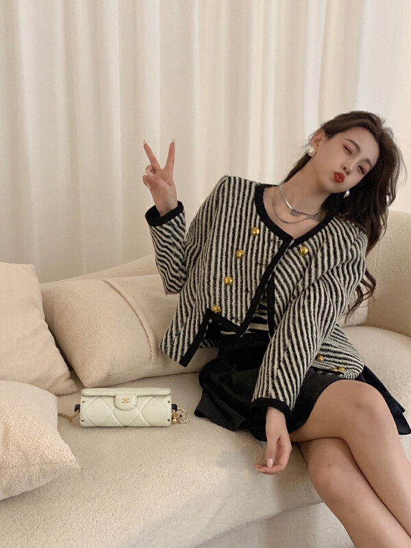 New in autumn! [Blue Show] Fashion striped all-match short coat 7778# LSW