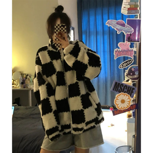 Double-sided imitation rabbit fur checkerboard coat women's autumn and winter embroidered Korean version of collage plus velvet stand-up collar plush cotton coat tide