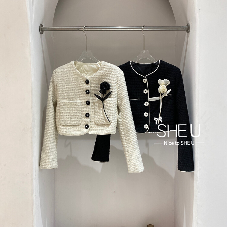 【SHE U】Small fragrant style single-breasted floral short coat 70048