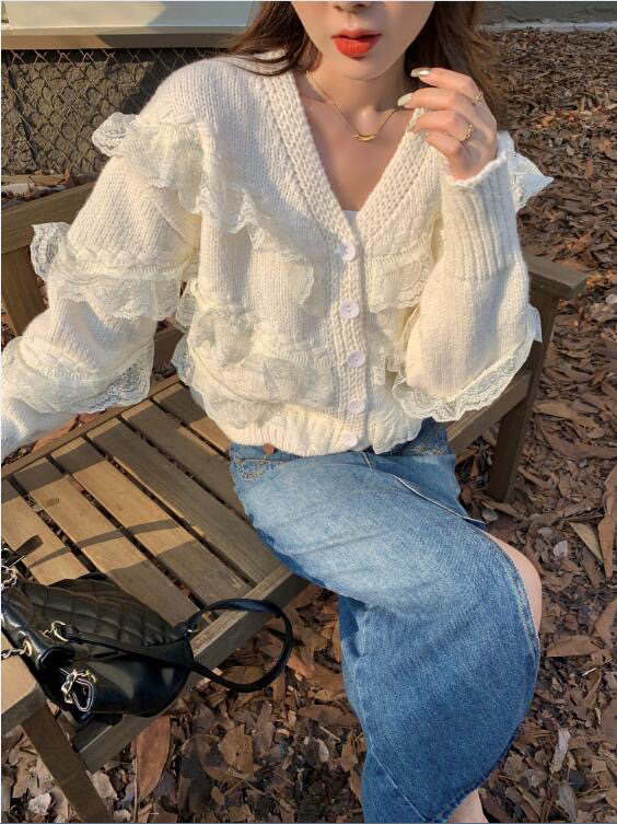 New in winter! [Blue Show] lace stitching v-neck long-sleeved knitted cardigan 7838# LSW