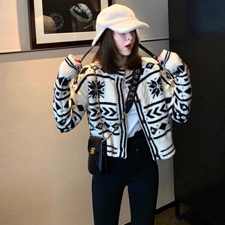 【F·P】 Casual chic personality geometric pattern all-match knitted cardigan M5106# HBX