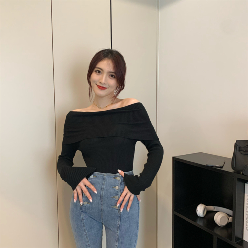 Real shooting real price Autumn new sexy one-shoulder design all-match solid color knitted top women
