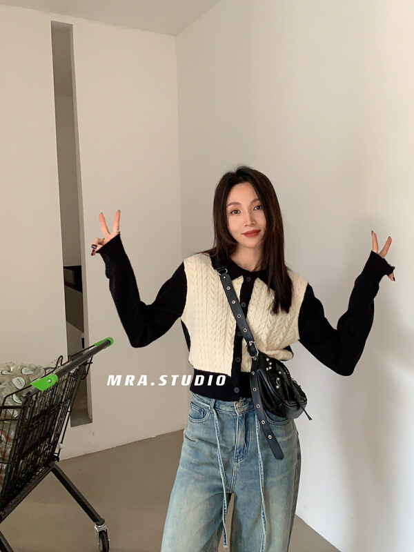 [MRA] Japanese simple stitching contrast color knitted cardigan DG3580