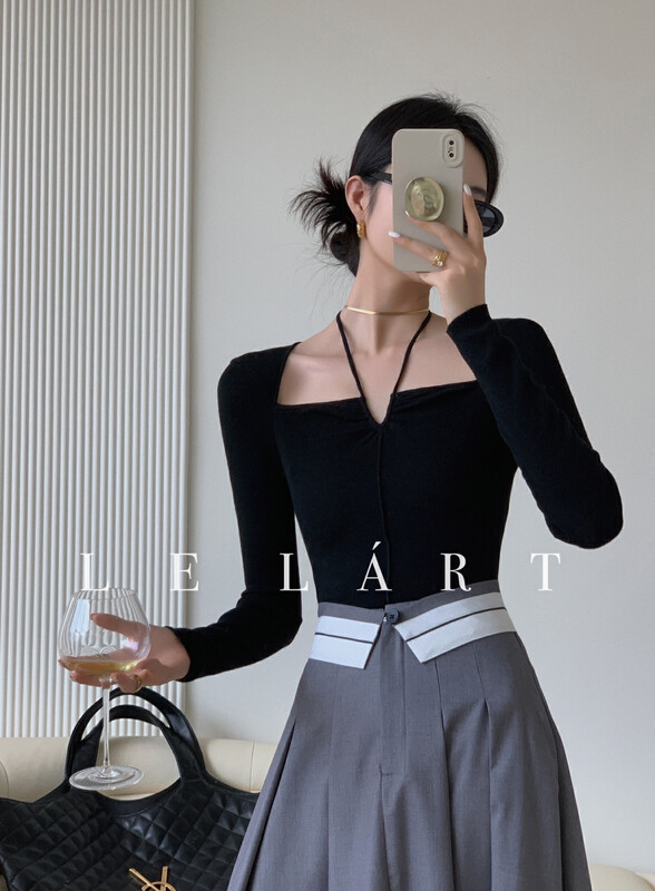 【LE LART】French Pure Desire, Sweet and Spicy V-neck Halter Knit Sweater TH065# JHY