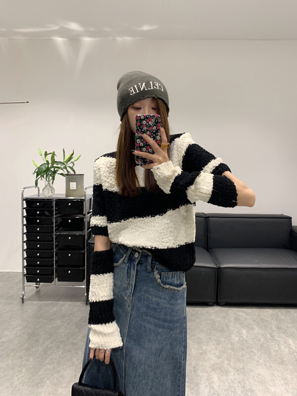 【VANESSA】Solid color texture all-match short warm sweater (with sleeves) 8001# OZQ