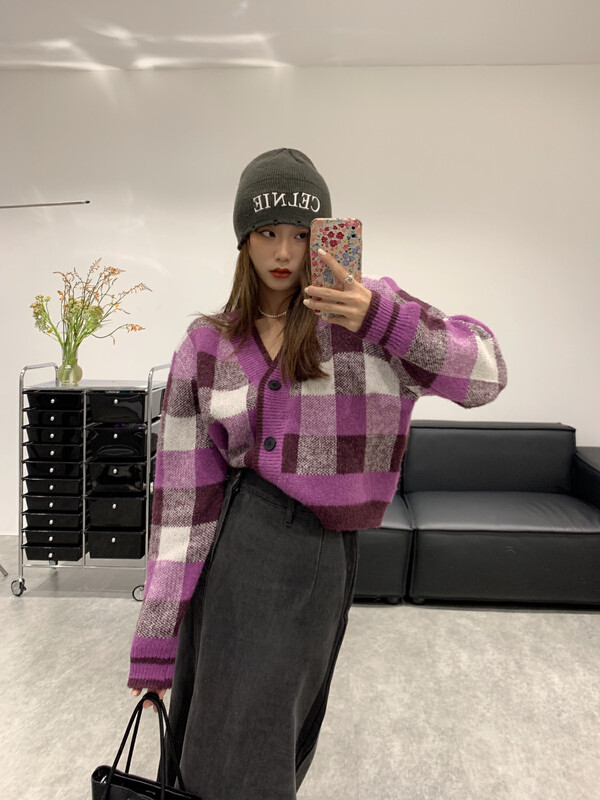 【VANESSA】Korean plaid shoulder pad cardigan thickened warm sweater 8079# OZQ