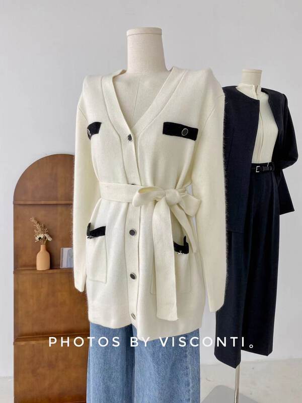 Autumn is new! [C Ouni] Korean version of the color-blocking loose V-neck knitted cardigan (with belt) C722-M11364# GYJ