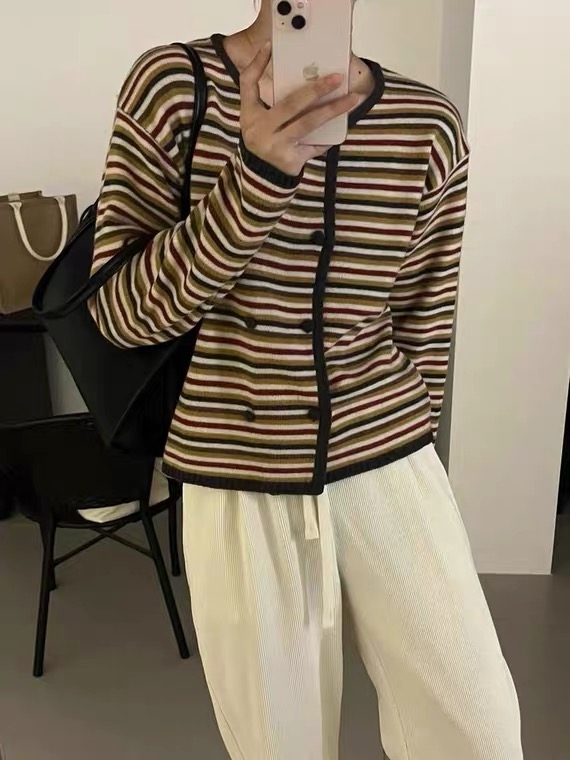 【SUSAN】Korean Style Colorful Striped Double Breasted Warm Sweater 82057# LSW