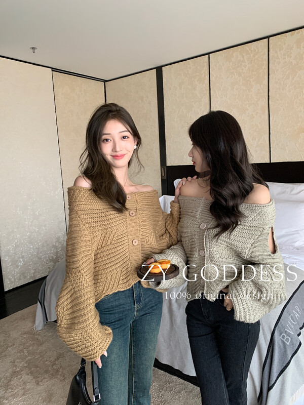 [ZY] Gentle, soft and waxy one-word collar off-the-shoulder niche design feeling lazy knitted sweater E9811