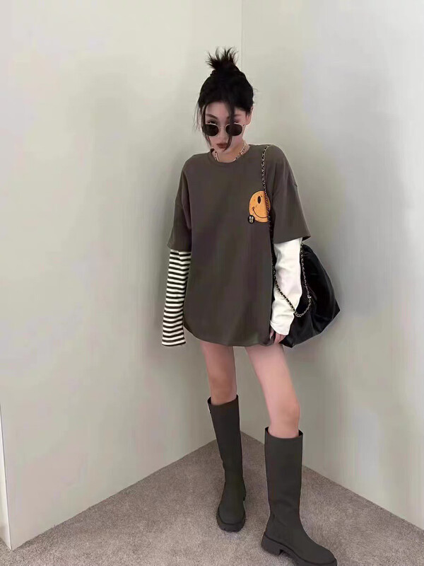 [YT] Contrast color stripe fake two-piece smiley long-sleeved T-shirt T51613# PCZ