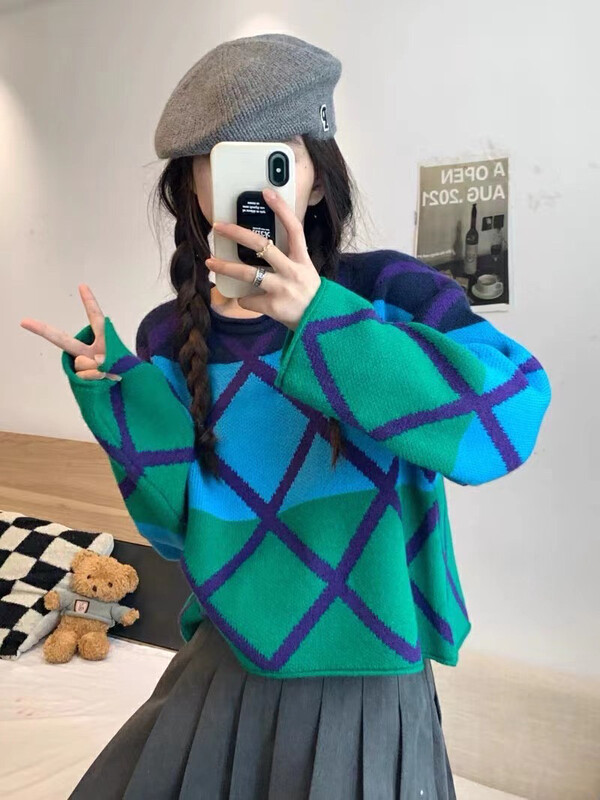 【F·P】 Autumn and winter new rhombus colorblock pullover warm sweater NF03FP# HBX