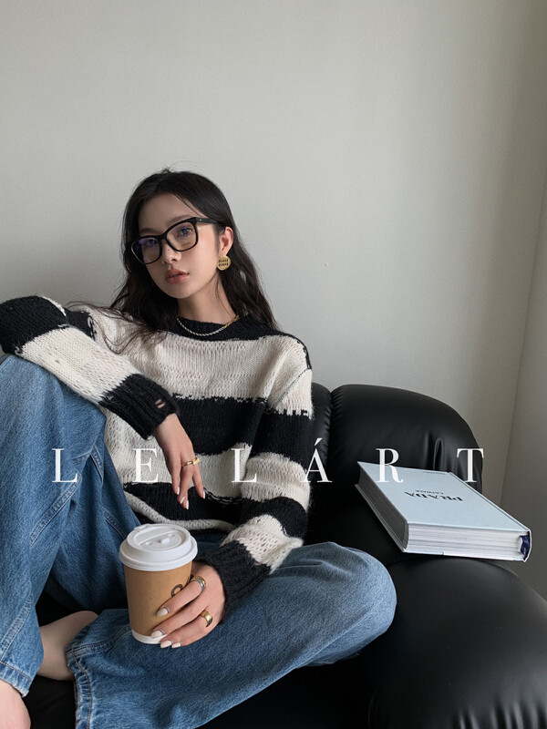 【LE LART】French Striped Pullover Loose Sweater Sweater XZ358
