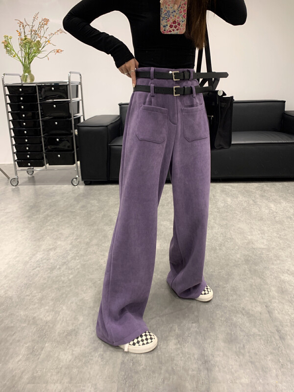 【VANESSA】Designed big-name double-belt pit velvet thickened straight casual pants (with belt) 8081# OZQ