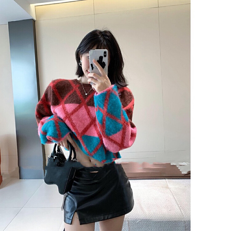 New in winter! [Blue Show] Lingge color matching casual sweater 7844# LSW
