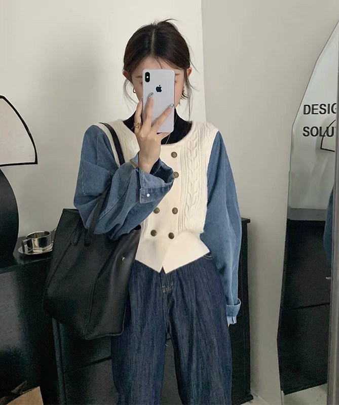 [Blue Show] Denim stitching twist knitted cardigan 7858# LSW