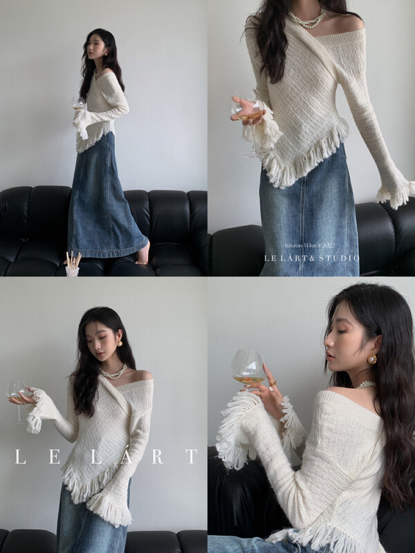 [LE LART] French design tassel v-neck slim-fit pullover sweater XZ361