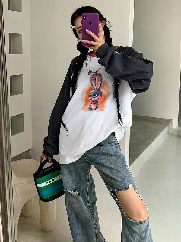 【SUSAN】Contrast color rabbit print round neck long-sleeved T-shirt 81998# LSW