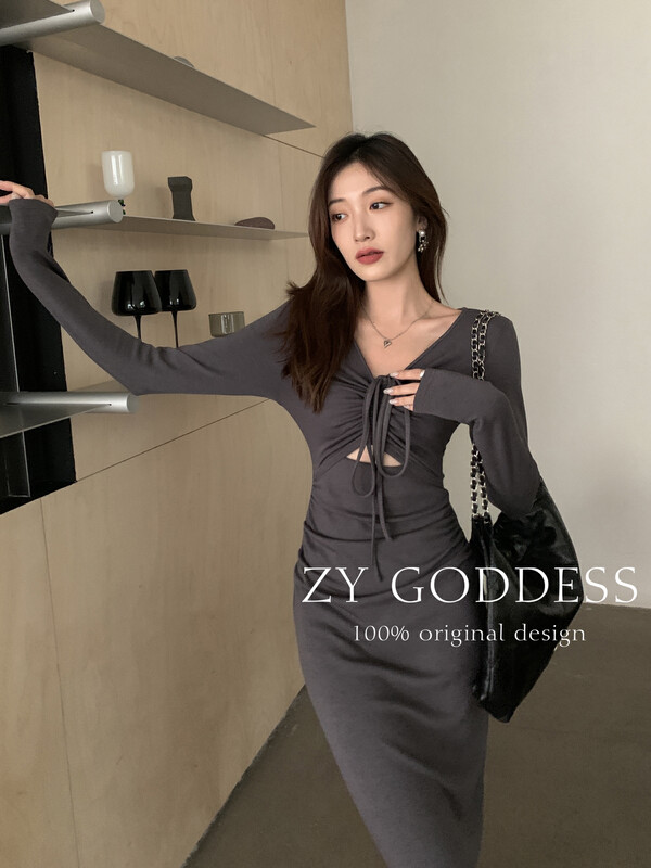 [ZY] Pure Desire Hot Girl V-neck Drawstring, Leaky Waist, Pleated, Thin, Versatile Long-Sleeve Dress (Thin Velvet Warm Dress) 18229