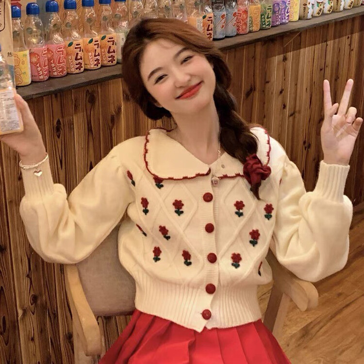 [Blue Show] Retro Doll Collar Embroidered Knit Cardigan 7829# LSW
