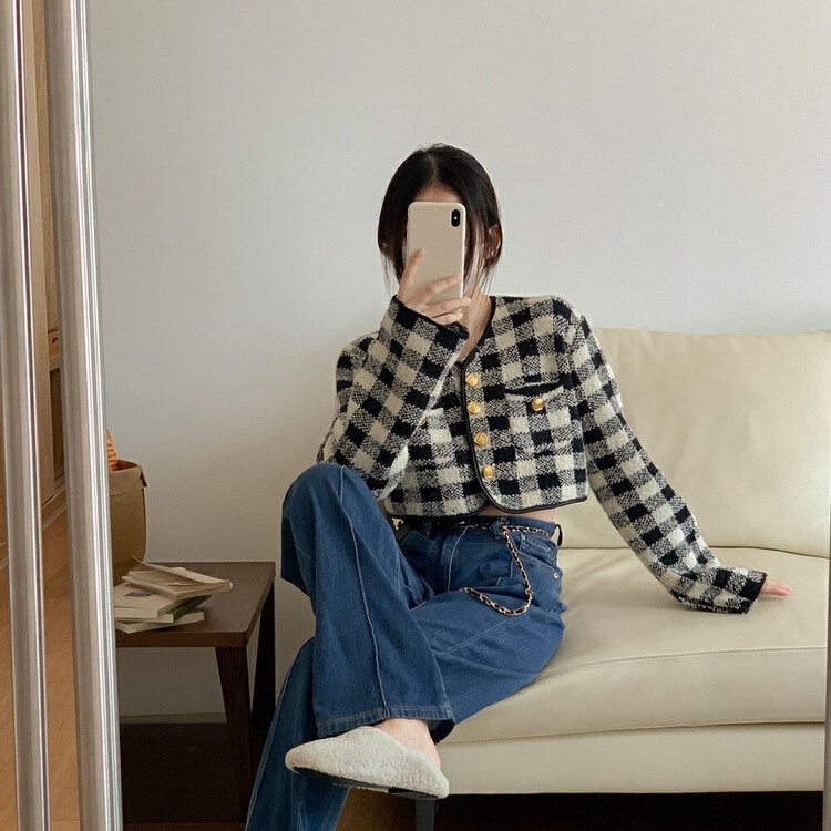 New in autumn! [Blue Show] Fashion Plaid Versatile Knit Cardigan 7788# LSW
