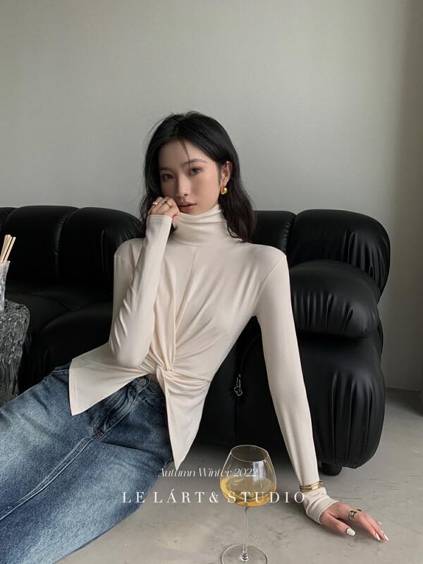 【LE LART】French design high collar tangled irregular hem bottoming shirt T-shirt small bottoming shirt LL5768# JHY