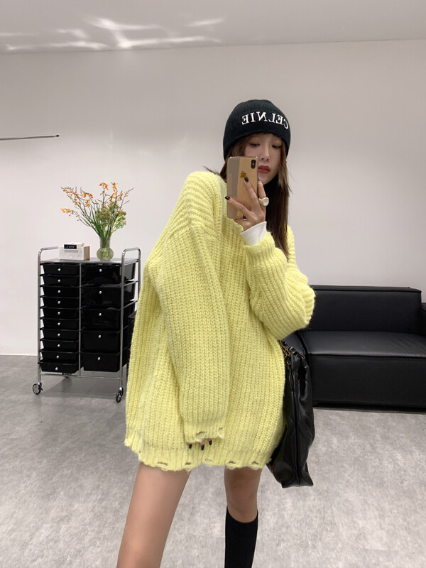 【VANESSA】Korean candy color hole mid-length thick warm sweater 8049# OZQ