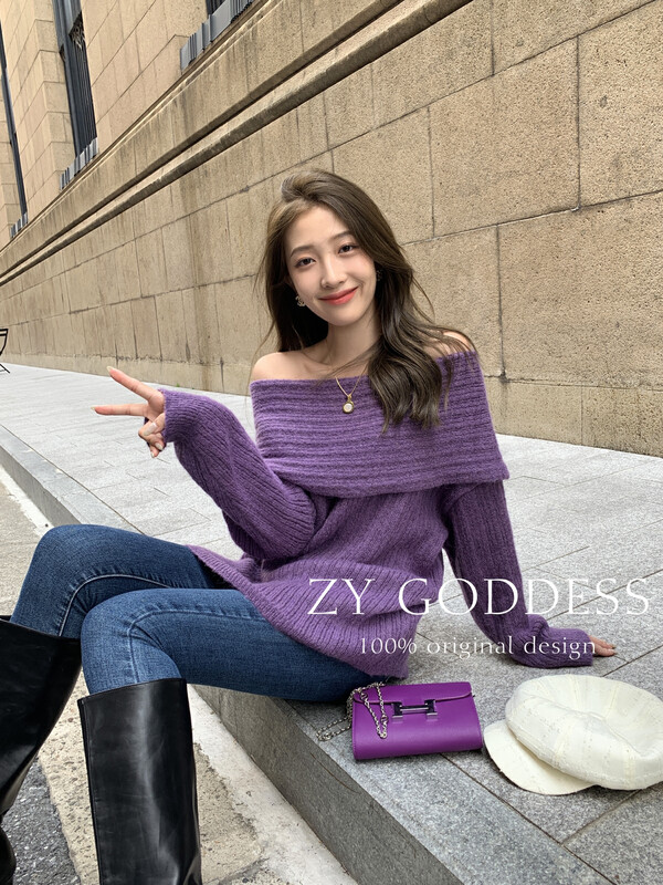 [ZY] Lazy style, loose and thin, large lapels, front and back, one-shoulder knitted sweater (100% washable mohair) S87