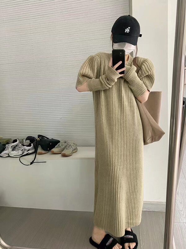 New in winter!【MINI NI】Short-sleeved knitted slim dress (with hand sleeves) 7306# PCZ