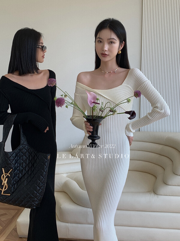 【LE LART】French pure lustful off-the-shoulder off-the-shoulder knitted sweater dress TH067# JHY