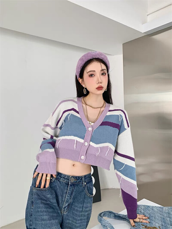【F·P】Small Fragrance Contrast Color Striped Letter Fringe Short Versatile Loose Warm Sweater J82FP# HBX