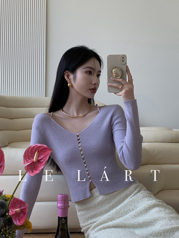 【LE LART】法式純欲風露肩珍珠鏤空針織衫針織衫  XL246#  JHY