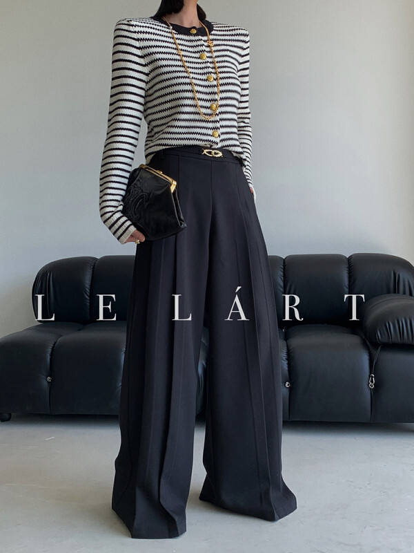 【LE LART】French metal decorative high-waisted wide-leg pants straight-leg pants trousers LL5776