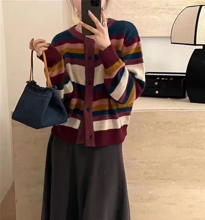 New in winter!【SUSAN】Single-breasted striped loose warm sweater 81953# LSW