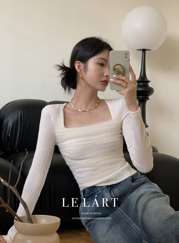 【LE LART】French pure desire style sweet and spicy style pleated mesh gauze square neck T-shirt LL3061# JHY