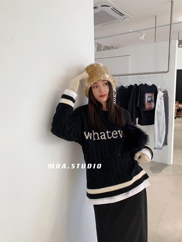 【MRA】Fashionable Korean letter stitching fake two-piece mid-length sweater KU227