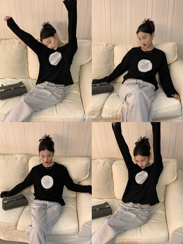 New in autumn! [DT CLASSIC] Loose Korean style all-match letter pattern long-sleeved T-shirt D4964# JHY